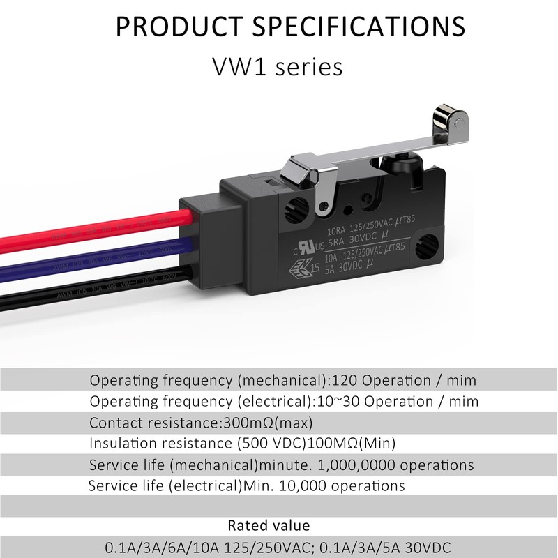 DIYhz Waterproof Momentary Hinge Roller Lever Micro Switches with Line