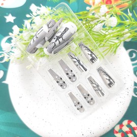 Christmas Press on Nails Coffin Fake Nails Long with Snowflakes Rhinestones Elk Tree Glitter Design False Nails Grey Xmas Full Cover Glue on Nails Extra Long Christmas Nails for Girls 24Pcs
