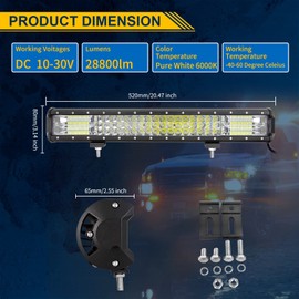 Willpower 20 inch 288W LED Light Bar Triple Row Spot Flood Combo Beam Off Road Lights Waterproof Work Light with Wiring Harness for Jeep Trucks SUV ATV UTV Boat Lights, 12V 24V