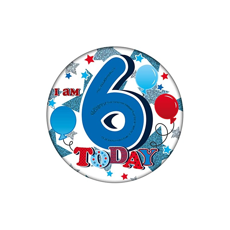 Age 6 Birthday Badge Blue, Red And Silver Balloons Holographic