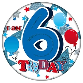 Age 6 Birthday Badge Blue, Red And Silver Balloons Holographic Recyclable 6th Birthday Party Badge