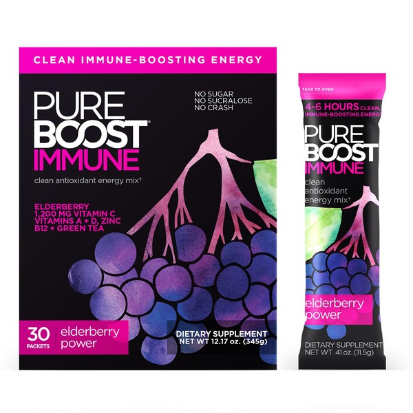 Pureboost Immune Clean Energy Drink Mix: Immunity Supplement with Elderberry, 1200 mg Vitamin C, Vitamins A + D, Zinc., 28 Vitamins, Minerals and Supernutrients (Elderberry Power, 30 Count)