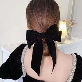Inibran Vintage Black Velvet Bow Hair Clips Long Tail Satin Hair Clips Hair Clips Velvet Ribbon Hair Clip French Bow Hair Clip Headpiece Winter Decorative