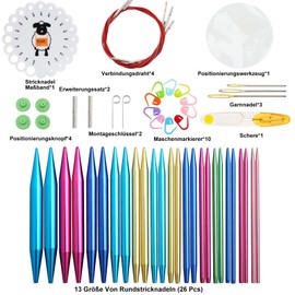 ONBAGLST 57pcs Aluminium Rundstricknadeln Set mit ergonomischen Griffen, 13 Größe austauschbare Häkelnadeln mit Aufbewahrungsbox für kleine Projekte