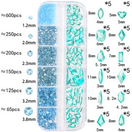 HNUIX Lakeblue Nail Rhinestones Kit Flatback Crystal Aquamarine Gems Stones 1450Pcs Nail Art Gems Diamonds Jewels Multi Shapes Sizes Nail Charms Tweezer & Wax Pen for Nails DIY Faces Eyes Makeup