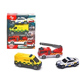 Dickie Toys 203712015DNS - 3-Pack Swedish Rescue Vehicles - SOS Team with Ambulance, Fire Engine and Police Car with Freewheel, from 3 Years