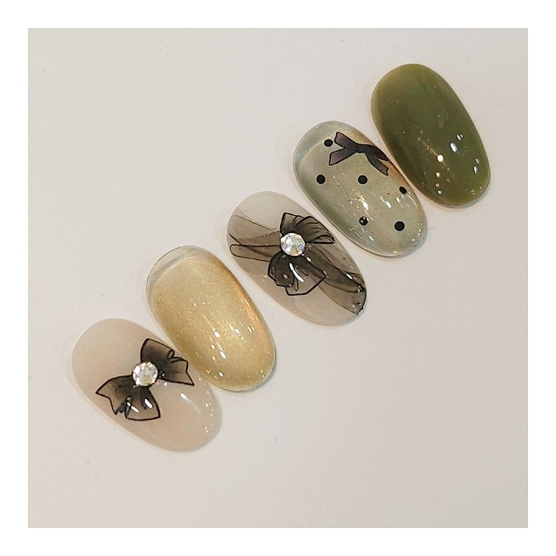 Black chiffon ribbon handmade nail tips - Coffin Long /
