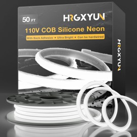 HRGXYUN COB LED Strip Lights 110V - 15m/50ft Waterproof Silicone Rope Light with Adhesive Backing, Cuttable Cool White Neon Lighting for Cabinets, Home Office & DIY Projects