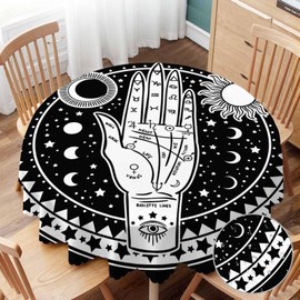 Yibeas Round Tablecloth 60 inch Fortune Teller Hand Tablecloth Fate Mystic Occult Symbols Sun Eye Moon Star Table Cloth for Dining Tables, Parties, Wedding and Banquet Decoration