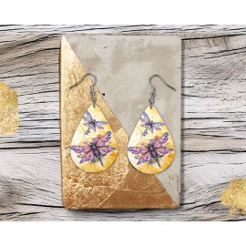 Twisted R Design Pink and Purple Dragonfly Wood Dangle Teardrop Print Earrings Jewelry