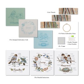 Ebherys Level 2Hand Embroidery Kit for Adults Advanced Level, 3 Sets a Pack, not Cross Stitch 3 Patterns Needle Threader Wood Hoops DIY Instructions (Family Birds)