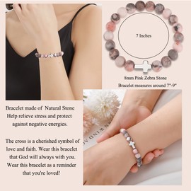 QWNHONEY Christian Jewelry for Women Cross Beads Bracelet Pink Nature Stone Catholic Religious Jewelry Gifts When You Go Though Deep Waters I Will Be with You