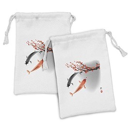 Ambesonne Japanese Fabric Pouch Set of 2, Koi Carp Fish Couple Swimming Cherry Blossom Sakura Branch Culture Design, Small Drawstring Bag for Toiletries Masks and Favors, 9" x 6", Orange Grey