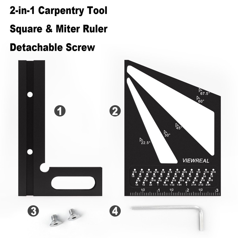 ViewReal Multi-Angle Measuring Ruler,3D Woodworking Square, 22.5-90 Degree Aluminum Alloy