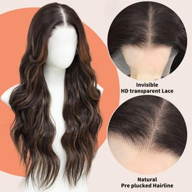 Seykiki Synthetic 13x4 HD Lace Front Wigs for Black Women Highlight Brown Mix Black Natural Wavy 26 Inch Glueless Wig Ready to Wear Pre Plucked Middle Part Wig