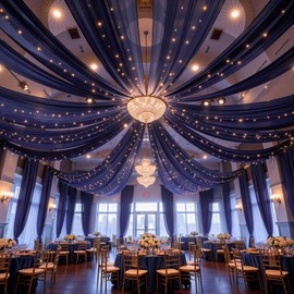 6 Panels Navy Blue Ceiling Drapes with Lights for Weddings Ceiling Drapes 5ftx10ft Wedding Draping Fabric Sheer Curtains Tulle Drapery Wedding Decorations for Home Party Ceremony Stage Swag