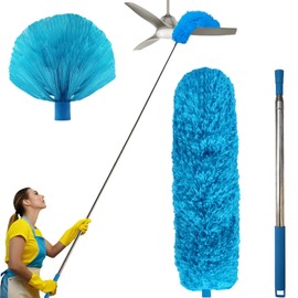 2 Pack Cobweb Duster with Extension Pole, Spider Web Brush & Ceiling Duster Kit for Cleaning, 100" Microfiber Feather Duster with Washable Head for Ceiling Fan, Furniture, Home -Blue