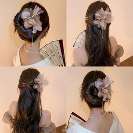 Chiffon Flower U-Shaped Pins Silk Floral Hair Clips Flower Pearl Tassel U-Shaped Hair Pins for Women Girls Hanfu Birthday Party Hair Accessories