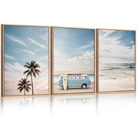 Ausril Large Ocean Beach Framed Canvas Wall Art Set, Bus and Palm Tree Wall Decor, Coastal Beach Surfboard Wall Painting, Modern Seaside Art Prints for Living Room, Bedroom, Dining Room - 16"x24"x3