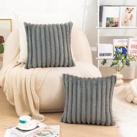 Uhomy Set of 2 Faux Fur Home Decorative Throw Pillow Cover Luxury Super Soft Grey Fuzzy Striped Furry Pillowcase for Sofa Couch Bedroom Comfy Thick Fluffy Plush Cushion Cover 18x18 Inchs 45 cm Grey