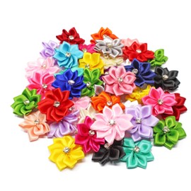 Multi Coloured 25mm Satin Ribbon Flowers with Rhinestone Diamante Centre, Craft Flowers (10)