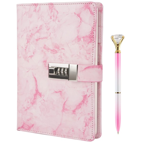 Marble Diary with Lock and Pen, Refillable A5 Daily Journal