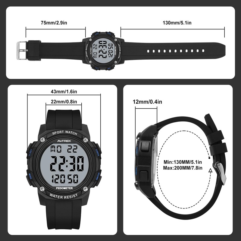 AVTREK Waterproof Pedometer Watch Step Counter for Walking No APP/Bluetooth