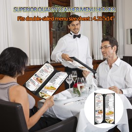 4.25 x 14 inches Leather Menu Covers with Strong Wood Inside, 2 View Leather Menu Holder Book Style Double Fold Panel for Restaurant Coffee Bars Hotels (4.25" x 14" / Two Views /1pcs)