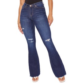 YMI Women's High-Rise Flare Bell Bottom Jean with Distressed Hem - Tall Long Inseam 34", S2073,5