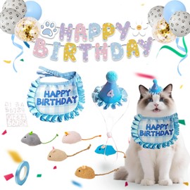 Cat Birthday Supplies,Outfit Bandana,Party Hat with Number,Catnip Mice Toy,Decoration Bundle with Banner,Ballons,Gift Set for Boy&Girl Kitten-Blue