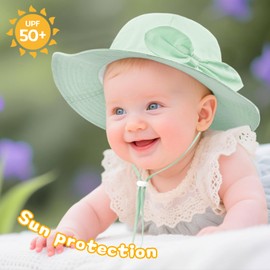 DRESHOW Baby Sun Hat Toddler Sun Protection Beach Cap with Bow Wide Brim Unisex Summer Bucket Hats with Chin Strap UPF 50+