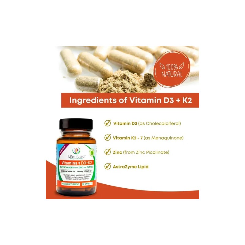 Life Infused Vitamina D3 K2 Con Zinc Y Enzimas 90