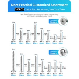 DIVANC 580Pcs 304 Stainless Steel Wood Screw Assortment Kit, M3/M4/M5/M6 Phillips Pan Head & Flat Head Sheet Metal Screws Self Tapping Screws Set,16 Sizes Assorted Screw (Silver 580PCS)