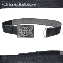 Leather Kilt Belt and Buckle Set, Scottish Thistle Embossed Belt with Antique Celtic Trinity Buckles Crafted Pewter - Kilt Belts for Men (Thistle Celtic Knot - Silver Antique, L - 38" - 42")