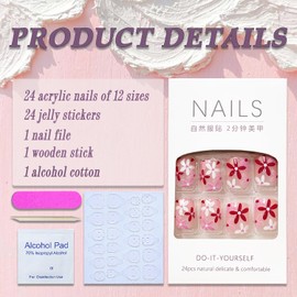 Pink Press on Nails Short Square SWEKKE French Tip Fake Nails Pink Full Cover Floral False Nails with Designs Spring Summer Acrylic Nails Glossy Glue on Nails Artificial Nails for Women Girls 24Pcs