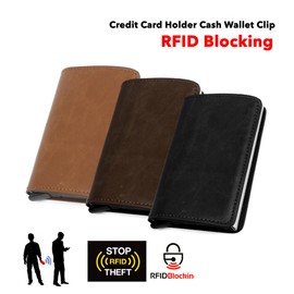 Leather Credit Card Holder Money Cash Wallet Clip RFID Blocking Purse (Black)