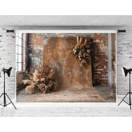 Kate Boho Pet Photo Backdrop Dark Brown Indoor Background Reed Floral Old Brick Wall Photo Background Studio Props,7x5ft