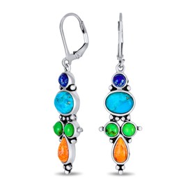 Western Jewelry Southwest Native American Style Multicolor Gemstone Blue Lapis Turquoise Orange Coral Lever Back Dangle Earrings For Women .925 Sterling Silver