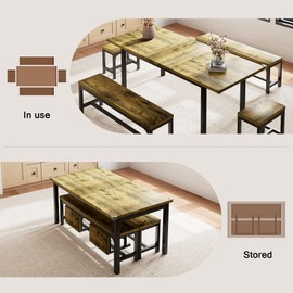 Einhomn 5 Piece Dining Table Set for 4-6, 63" Extendable Kitchen Table Set with 2 Benches & 2 Stools, Farmhouse Dining Room Table for Small Space, Metal & Wood Support, Rustic Brown