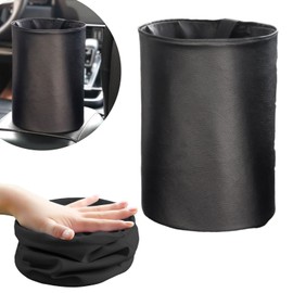 UOEPOWA Foldable Car Trash Can, Cute Folding Leather Car Garbage Can Organizer, Waterproof Storage with Adjustable Cord, Leakproof Lining, Ideal for Camping and Car Use (Black)