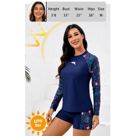 Halcurt Women Modest Swim Top with Shorts Long Sleeve Built in Bra Rash Guard Two Piece Bathing Suit Navy Floral XL