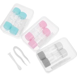 Kit Portátil para Lentes de Contacto 3 Piezas Estuches de Plástico en Gris, Azul Lago y Rosa con Herramientas Aplicadoras para Viaje, Caja de Almacenamiento para Remojo y Uso