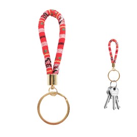 MUQIDA Bohemian Keychain, Handmade Boho Wristlet with Keyring, Hippie Woven Wrist Lanyard Cute Key Fob Holder for Women (Red)