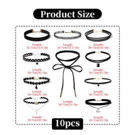 Set of 10 Choker Necklaces, Women's Choker Necklace, Black, Velvet Leather Choker, Joker Chain, Gothic Classic Choker Tattoo, Lace Necklace, Jewellery Gift for Women, Girls, Teenagers, Metal, Agate