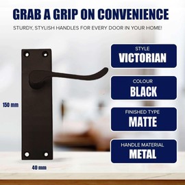 DISCOUNT HARDWARE UK Victorian Scroll Matt Black Door Handle, 150mm x 40mm Backplate, 4 Pairs of Lever Latch Handles with 64mm Tubular Latch for Interior Wooden Doors