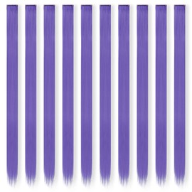 FESHFEN Coloured Hair Extensions, Synthetic Party Highlight, Colourful Straight Hair Extensions, Clip-In Hairpiece for Women, 55 cm, Purple, Pack of 10
