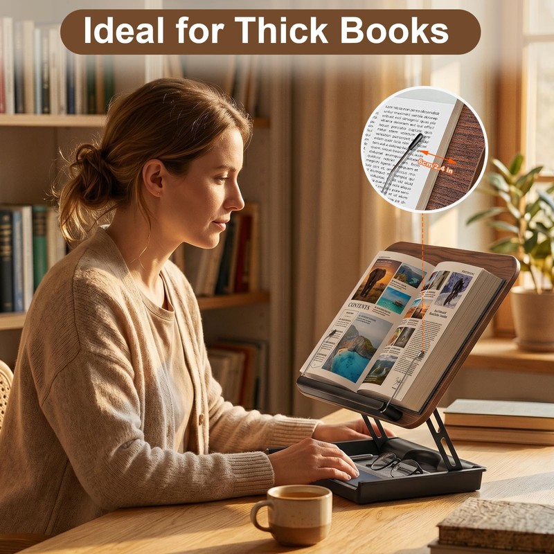 Book Stand for Reading, Wooden Cookbook Stand with Storage