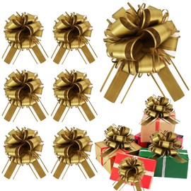 RIBBOOO 6pcs 7 Inch Pull Bows Gold Gift Wrap Bows for Gift Wrapping Ribbon Pull Gift Bows for Gift Basket Flower Wrapping Christmas New Year Birthday Graduation Gift Wrap Party Decorations