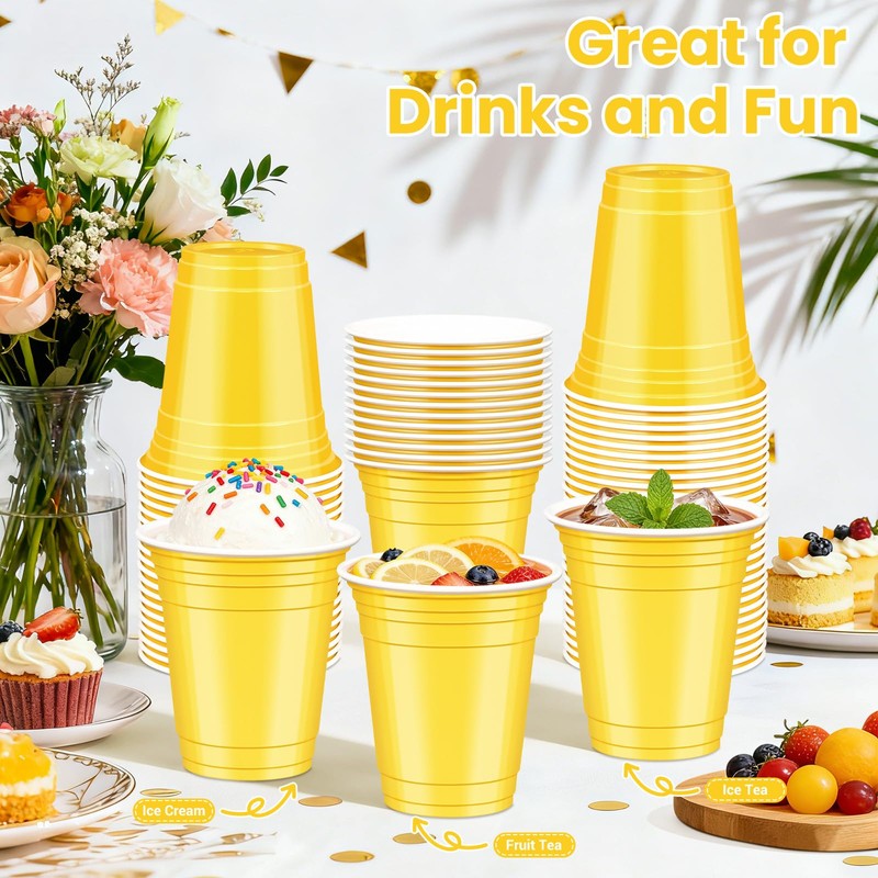 LIKAJON 50 Yellow Plastic Cups, 12 oz Disposable Cups, Drinking