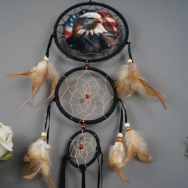 Triple Circles Wolf Eagle Bear Canvas Printing Dream Catcher Bedroom Wall Decor, Christmas Home Decoration,Widelife Wall Decoration Feather Decoration Remorlet (DC06 Eagle W/Flag)